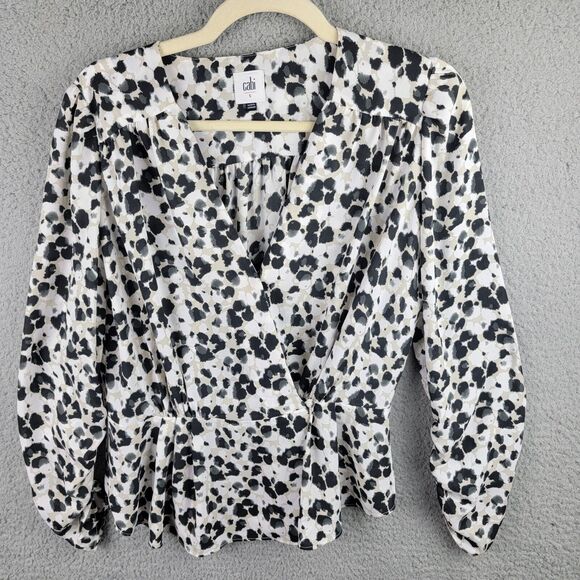 CAbi Blouse Womens Small Office Siren Ruched Sleeves Peplum V Neck Leopard Wrap - Picture 1 of 14